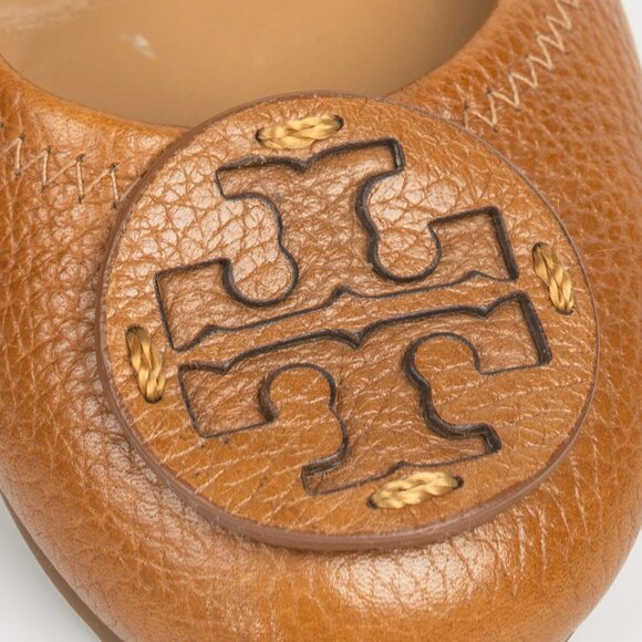 Tory Burch Reva Ballet Flats Royal Tan Leather Logo Size 7 - Picture 9 of 12